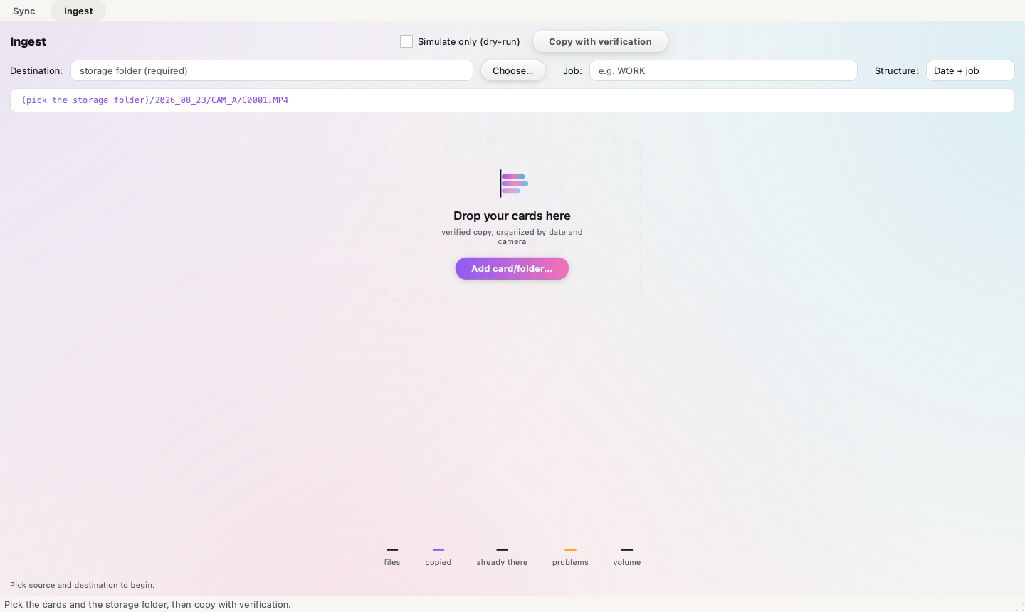 The Ingest tab with the destination, the job, and the real path appearing in real time.