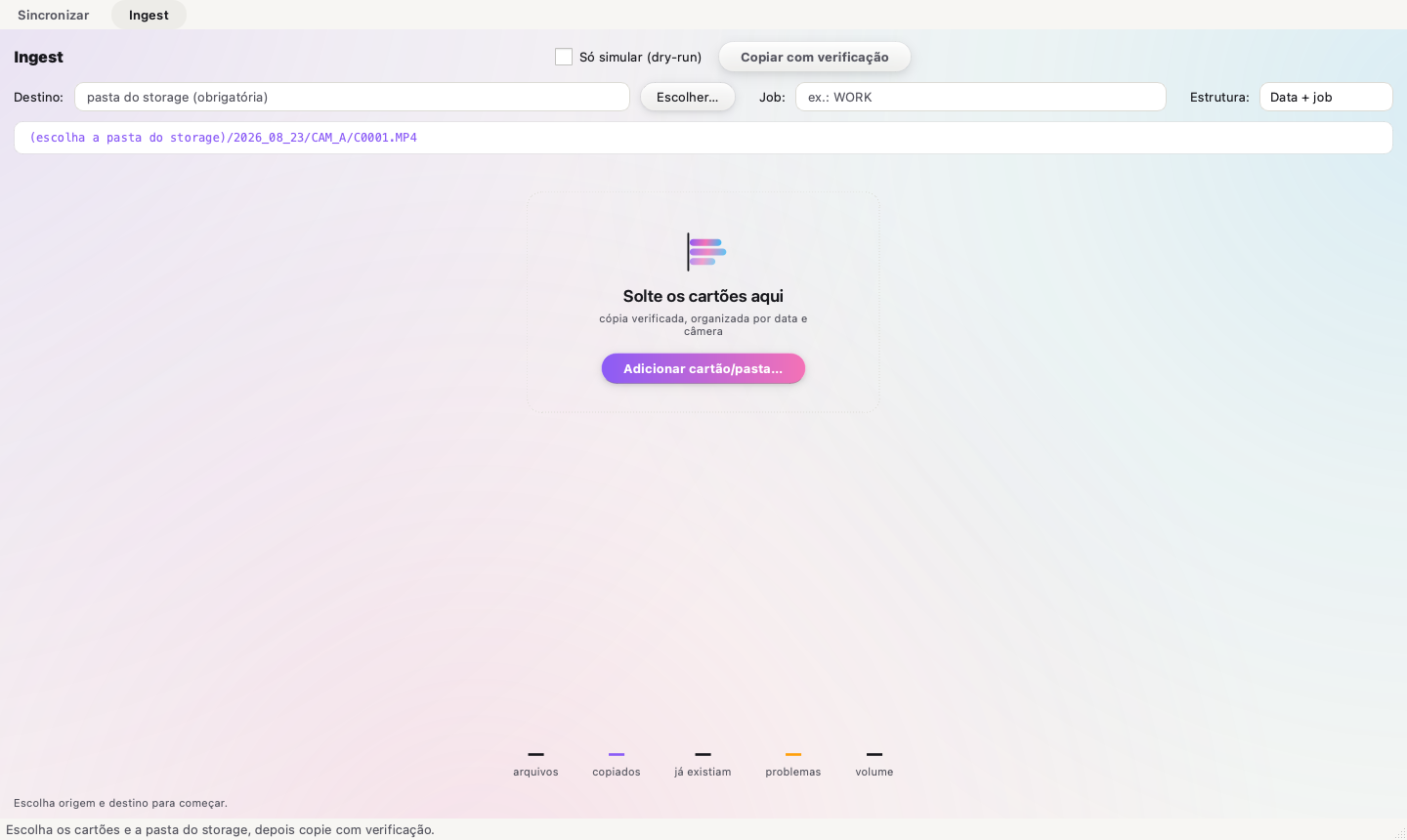 A aba Ingest com o destino, o job e o caminho real aparecendo em tempo real.